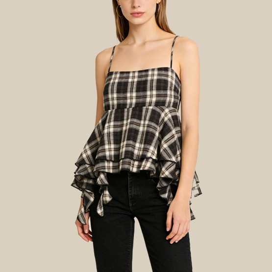 Asymmetrical ruffled collar plaid layered vest