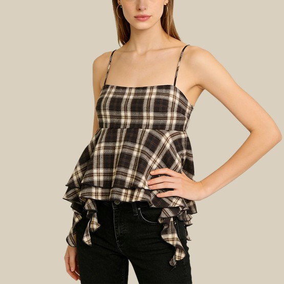 Asymmetrical ruffled collar plaid layered vest