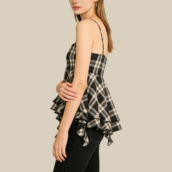 Asymmetrical ruffled collar plaid layered vest