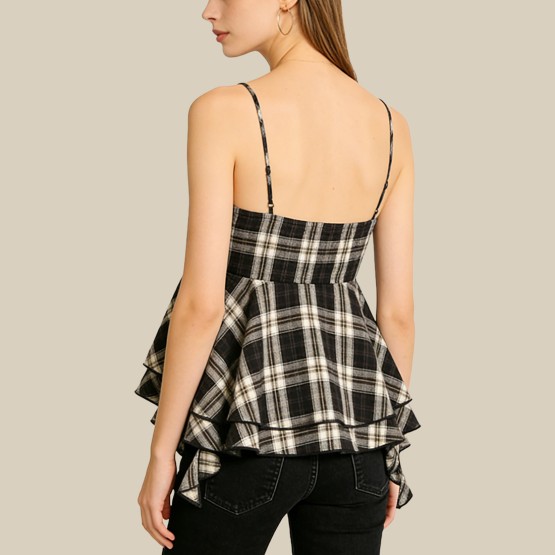 Asymmetrical ruffled collar plaid layered vest