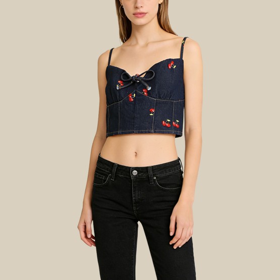 Cherry Embroidered Denim Slim Fit Tank Top
