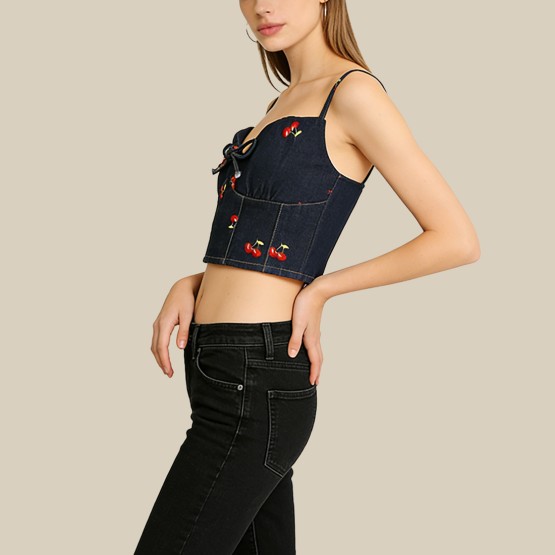 Cherry Embroidered Denim Slim Fit Tank Top