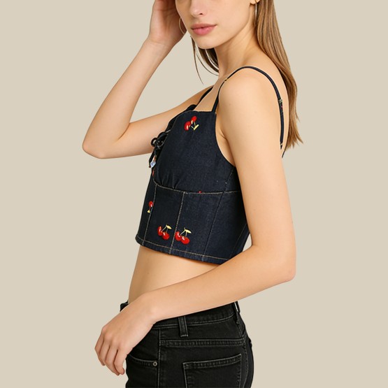 Cherry Embroidered Denim Slim Fit Tank Top