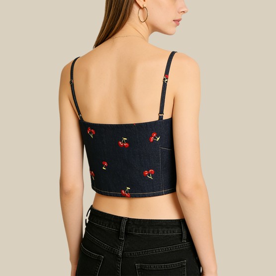 Cherry Embroidered Denim Slim Fit Tank Top