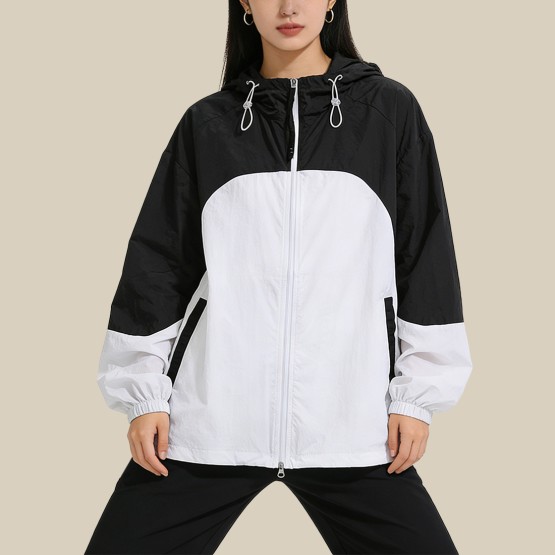 Color-blocked sun-protective hooded jacket