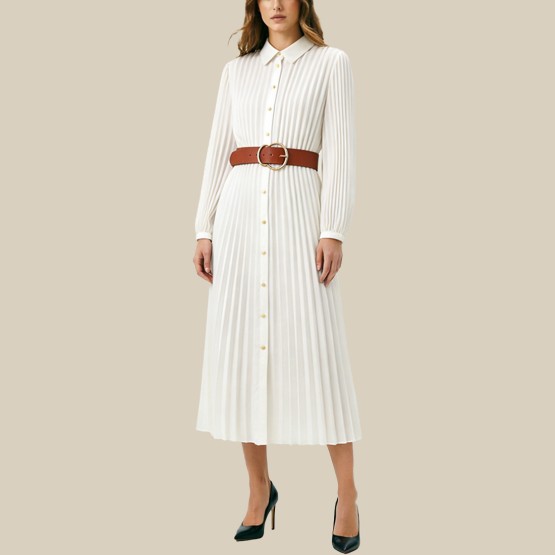 Stand-up collar belted pleated midi dress