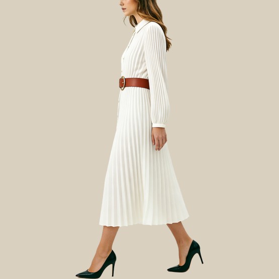 Stand-up collar belted pleated midi dress