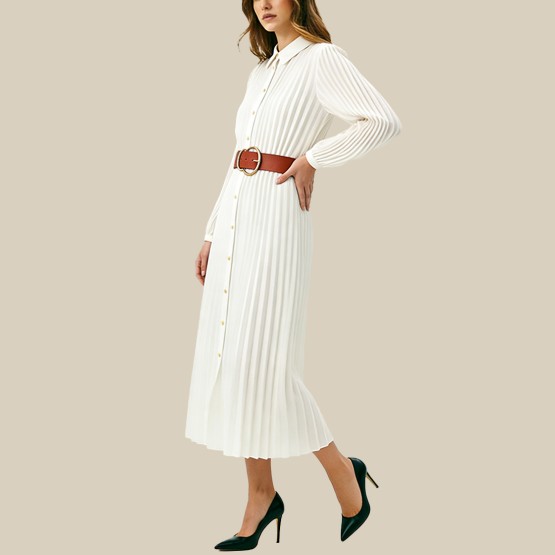 Stand-up collar belted pleated midi dress