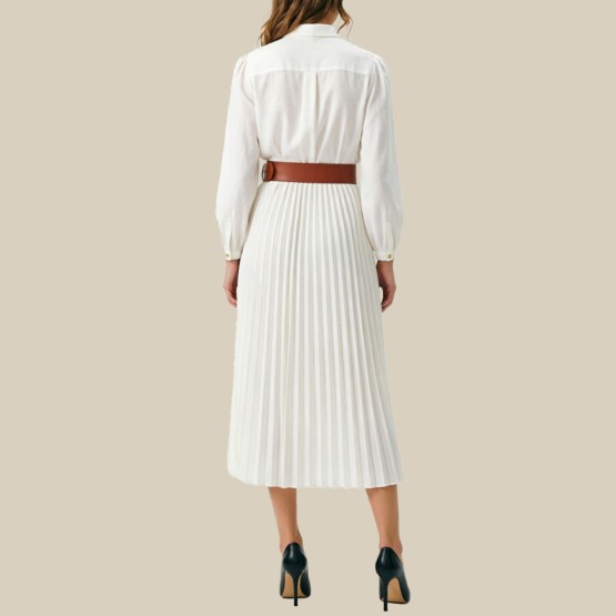 Stand-up collar belted pleated midi dress