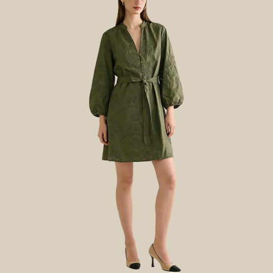 Embroidered stand-up collar belted dress
