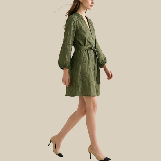 Embroidered stand-up collar belted dress