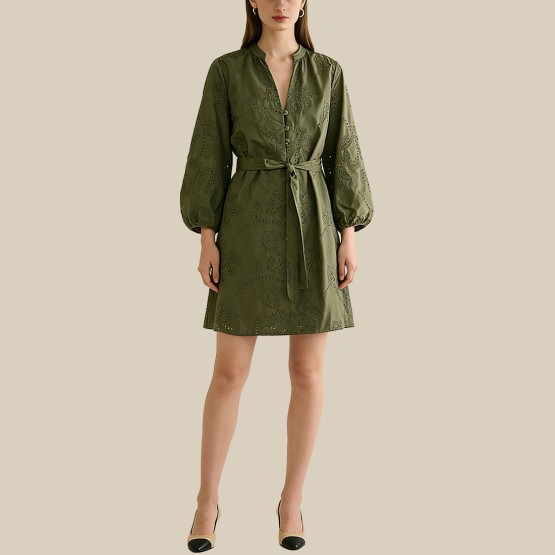 Embroidered stand-up collar belted dress