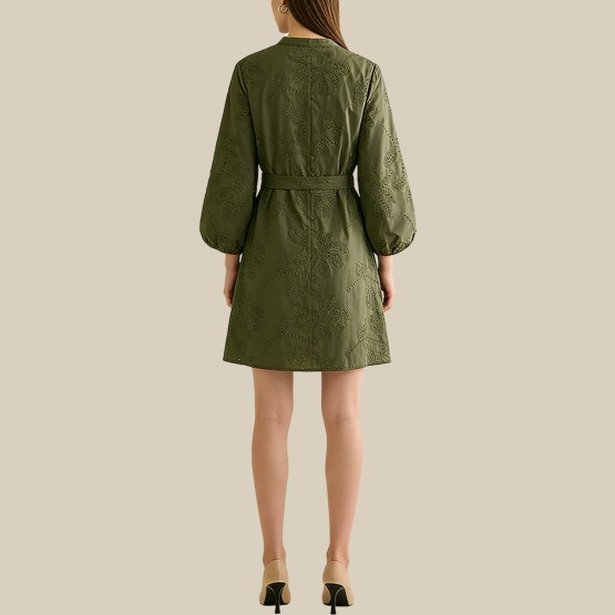 Embroidered stand-up collar belted dress