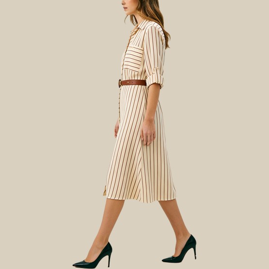 Fashionable striped print MIDI dress