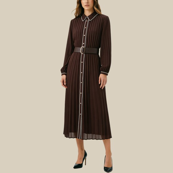 Belted Ruffled MIDI Long-Sleeved Dress