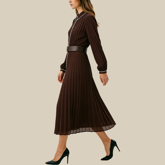 Belted Ruffled MIDI Long-Sleeved Dress
