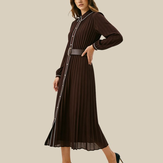 Belted Ruffled MIDI Long-Sleeved Dress
