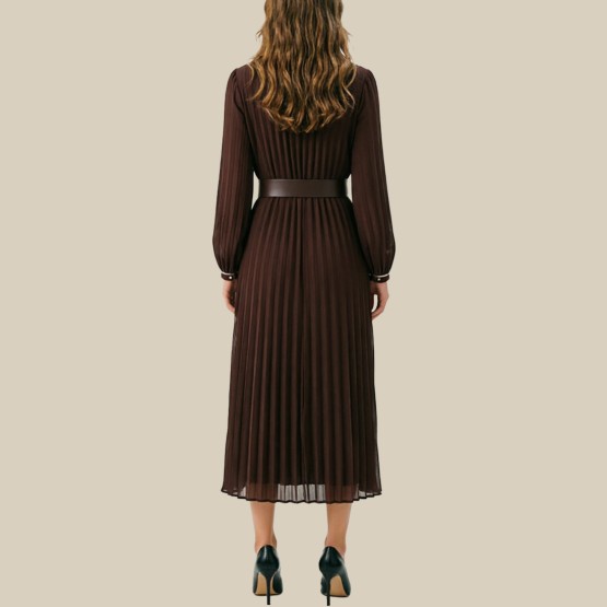 Belted Ruffled MIDI Long-Sleeved Dress