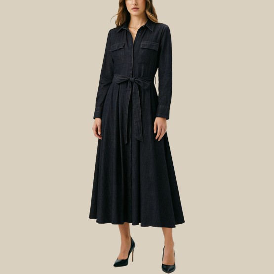 Denim collared belt A-line dress