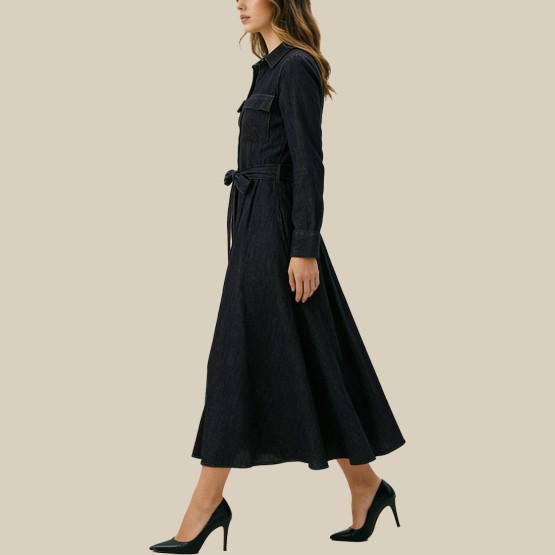 Denim collared belt A-line dress