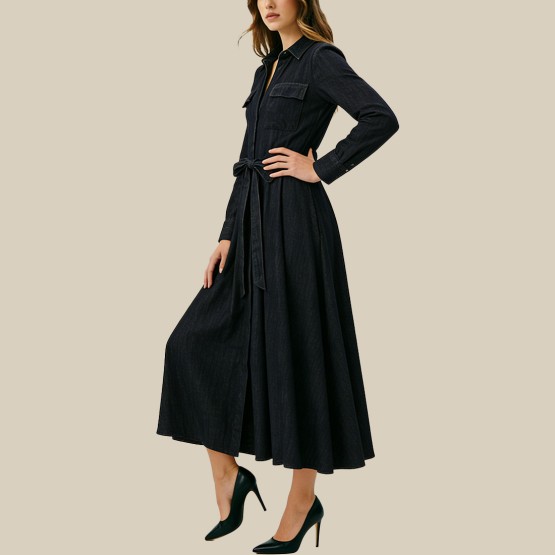 Denim collared belt A-line dress