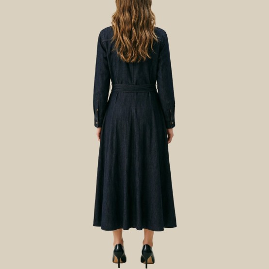 Denim collared belt A-line dress