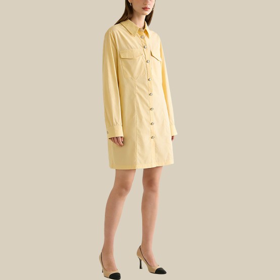 Button-down collar mini crepe A-line dress