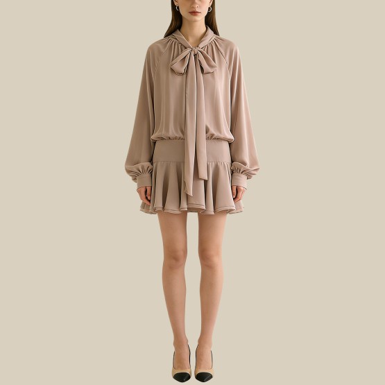 Elegant bow-trimmed ruffle mini dress