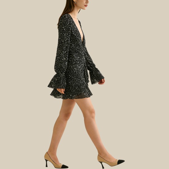 Polka dot backless flared sleeve mini dress