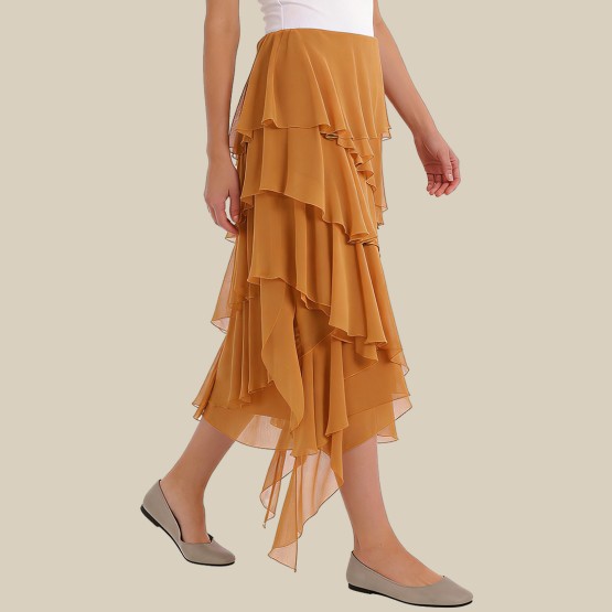 Fitted layered asymmetrical midi skirt