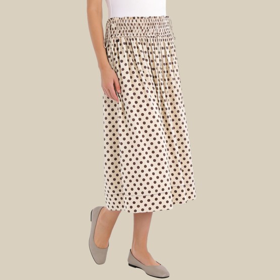 Polka dot elastic waist pleated midi skirt