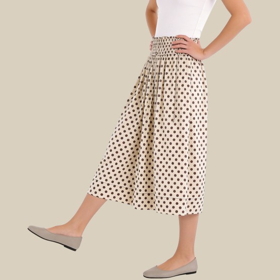Polka dot elastic waist pleated midi skirt
