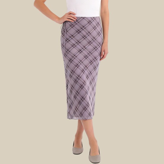 Simple plaid high-waisted belted midi skirt