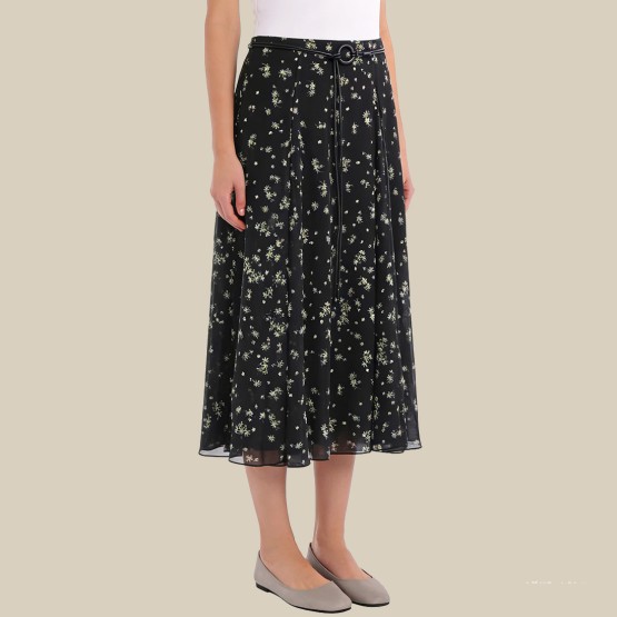 Retro floral belted A-line skirt