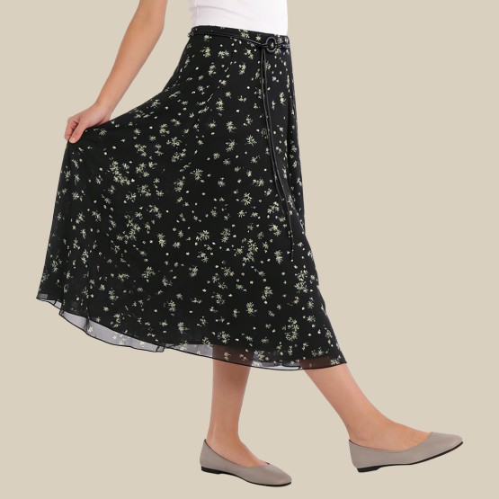 Retro floral belted A-line skirt