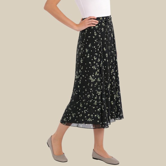 Retro floral belted A-line skirt