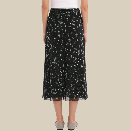 Retro floral belted A-line skirt