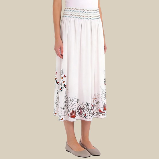 Embroidered high-elastic drawstring midi skirt