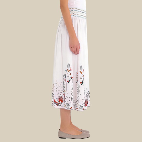 Embroidered high-elastic drawstring midi skirt