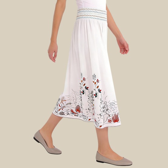 Embroidered high-elastic drawstring midi skirt
