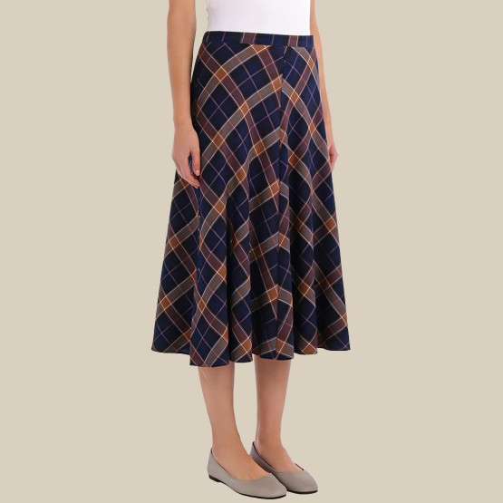 Retro high-waisted plaid A-line midi skirt
