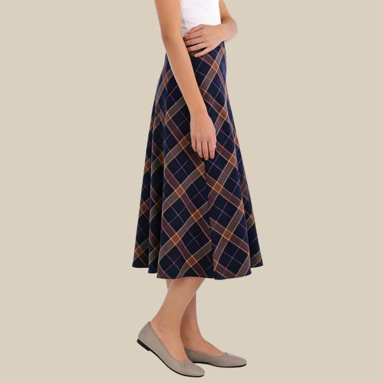 Retro high-waisted plaid A-line midi skirt