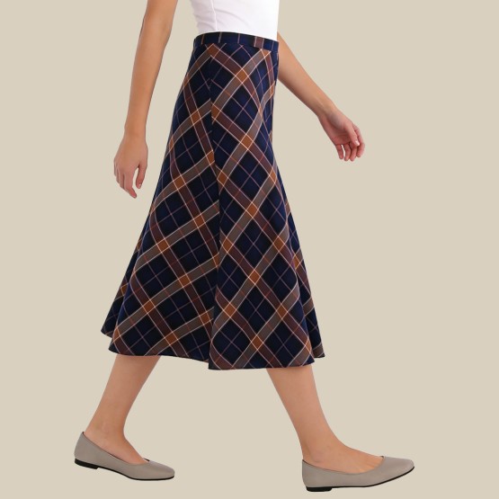 Retro high-waisted plaid A-line midi skirt