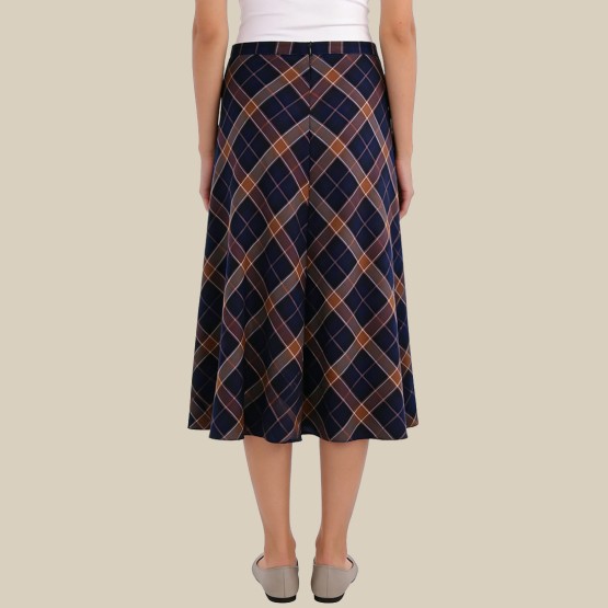 Retro high-waisted plaid A-line midi skirt