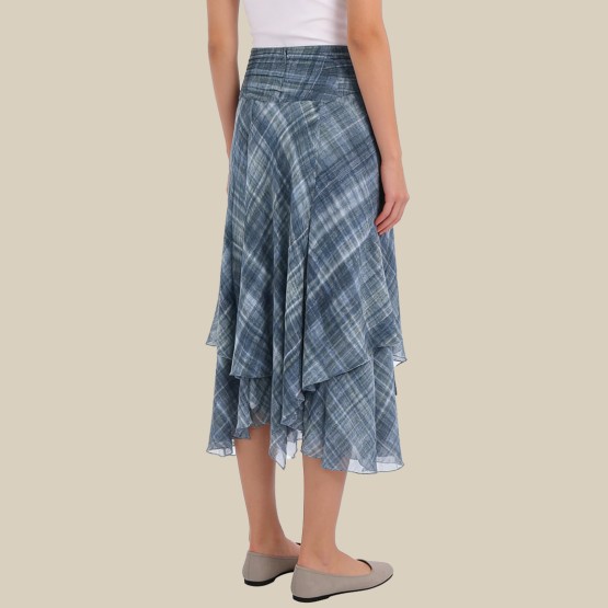 High-waisted asymmetrical plaid pleated skirt