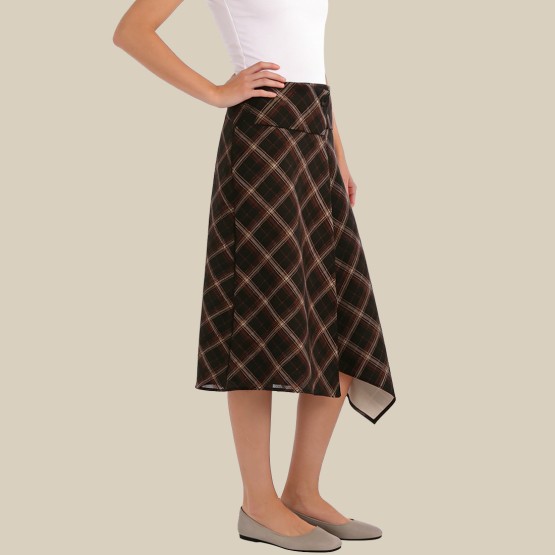 Irregular plaid mid-waist casual A-line skirt