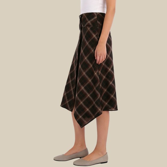 Irregular plaid mid-waist casual A-line skirt