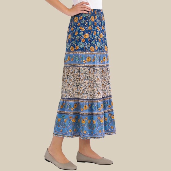 Holiday-style high-waisted swaying midi skirt